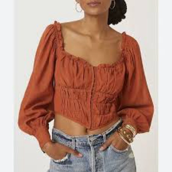 Astr Tops - ASTR Burnt Orange Smocked Corset Blouse Puff Sleeve Cropped Romantic Boho Top S